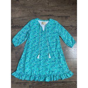 EUC Womens Lauren James 3/4 sleeve palm leaves tassle ruffle‎ dress SZ S